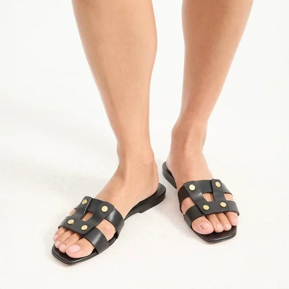 VERONICA BEARD Womens Via Slide Sandal Size 7.5 Black Leather Studded Designer - Picture 2 of 12